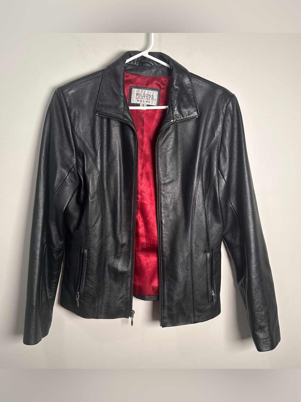 Wilsons Leather Maxima 90’s Womens Black Leather Collared Zip Jacket-Size S